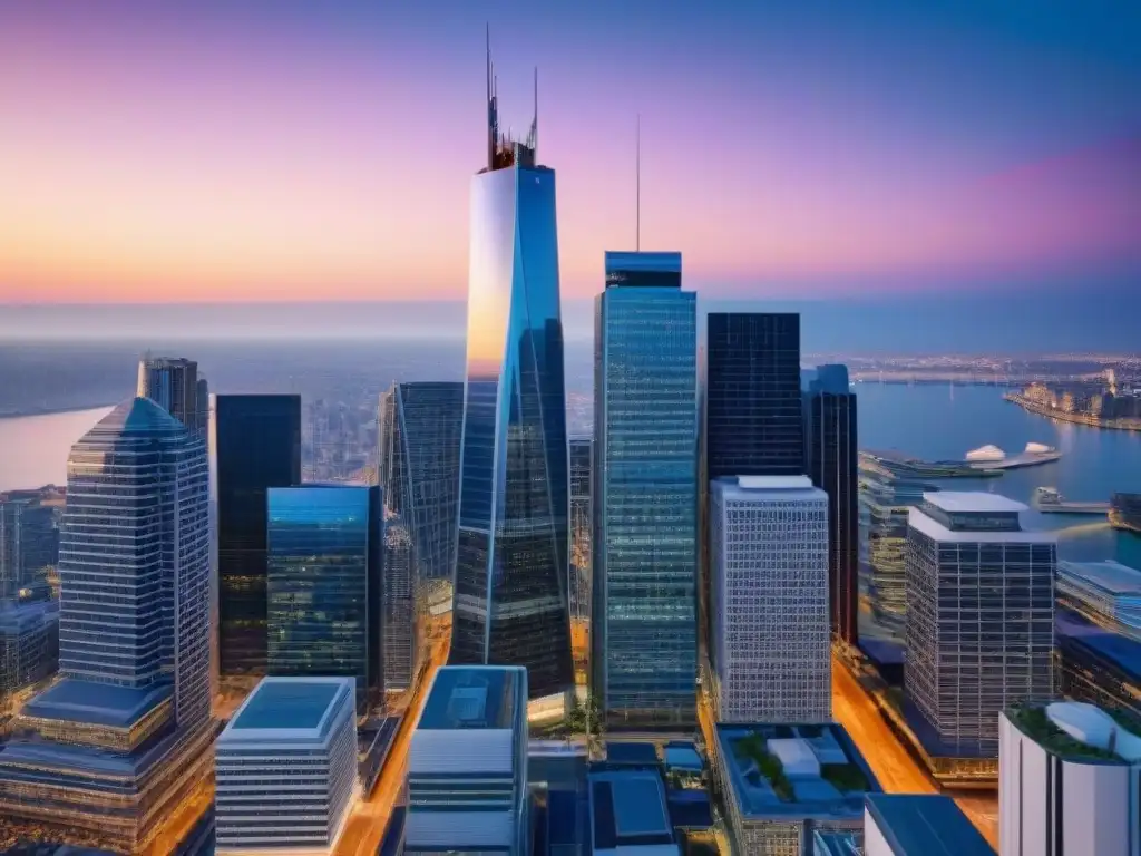 Horizonte financiero moderno: Integración innovadora en inmuebles Vibrante skyline financiero al anochecer con rascacielos iluminados y un edificio de cristal futurista