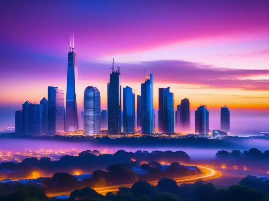 Inversión en REITs: Skyline futurista en atardecer Vibrante skyline futurista al atardecer, reflejando modernidad y sofisticación en la evaluación REITs comerciales finanzas inmobiliarias