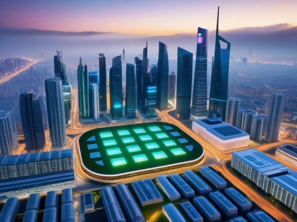 Skyline futurista: Ciudad inteligente 5G y Proptech Vibrante skyline futurista con tecnología 5G en Proptech