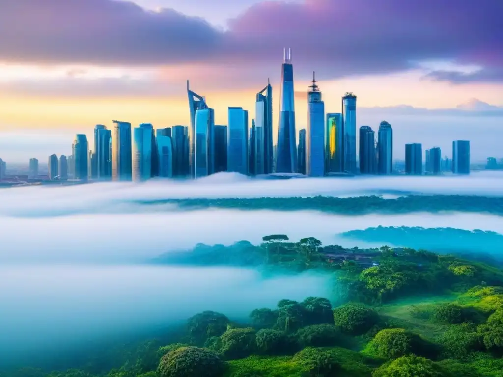 Horizonte urbano futurista: inversión inmobiliaria innovadora en 8k Vibrante skyline futurista proteger inversión inflación bienes raíces con rascacielos modernos y vegetación exuberante