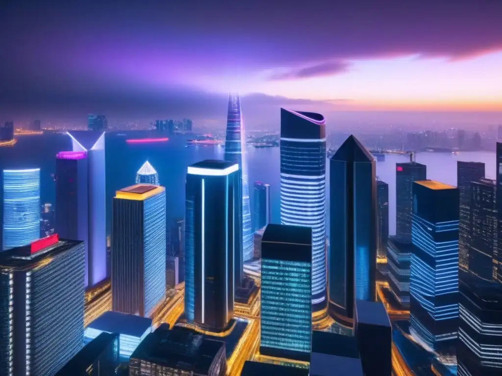 Horizonte futurista: innovación y finanzas globales Vibrante skyline futurista al anochecer con rascacielos iluminados y distrito financiero, simbolizando el financiamiento global
