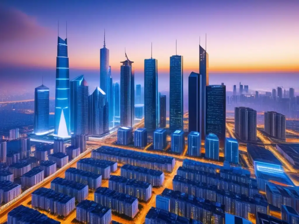 Horizonte futurista: rascacielos conectados por blockchain al atardecer Vibrante skyline futurista con rascacielos modernos conectados por cadenas de blockchain, en un cálido atardecer