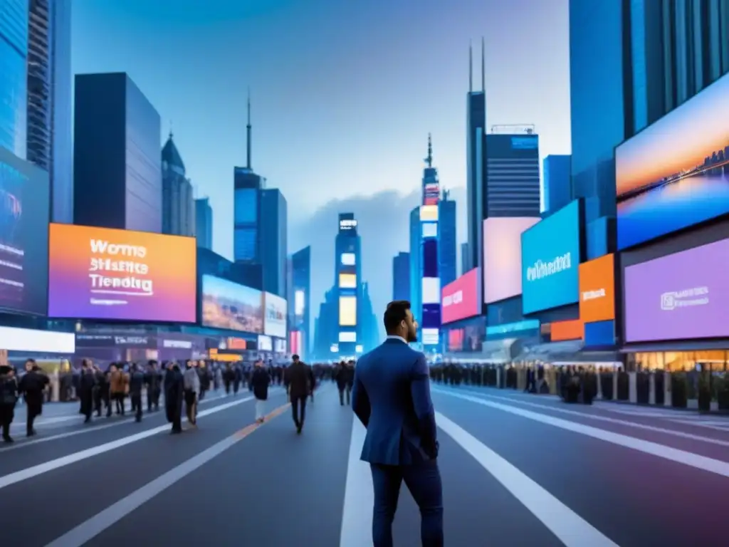Skyline futurista: tecnología y progreso en la ciudad Un vibrante skyline futurista al anochecer con rascacielos modernos iluminados por vistosos anuncios digitales