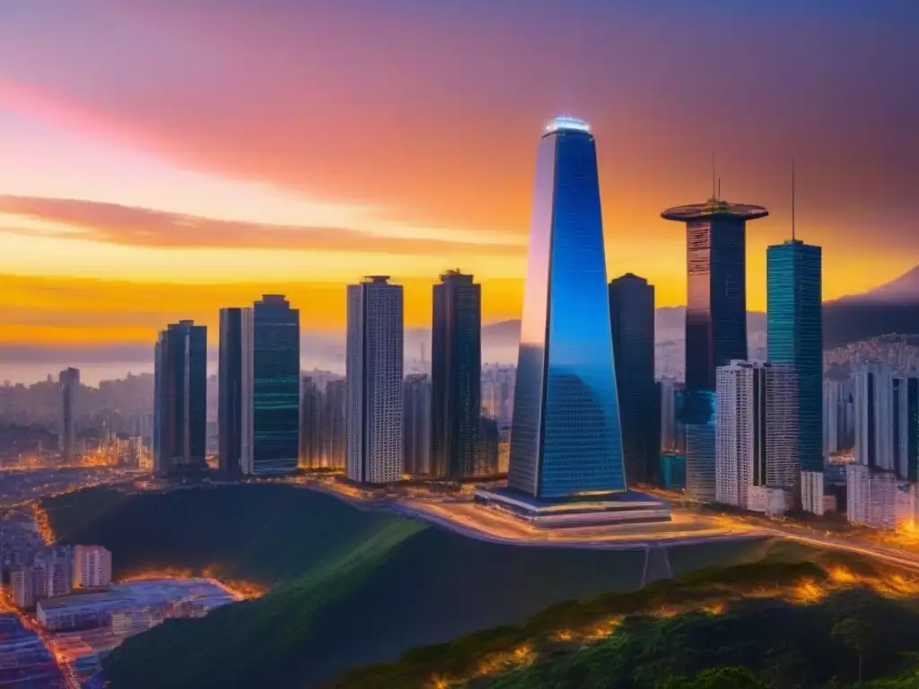 Horizonte urbano en América Latina: crecimiento y oportunidades económicas Un vibrante skyline latinoamericano al atardecer, reflejando modernos rascacielos y profesionales en discusiones animadas