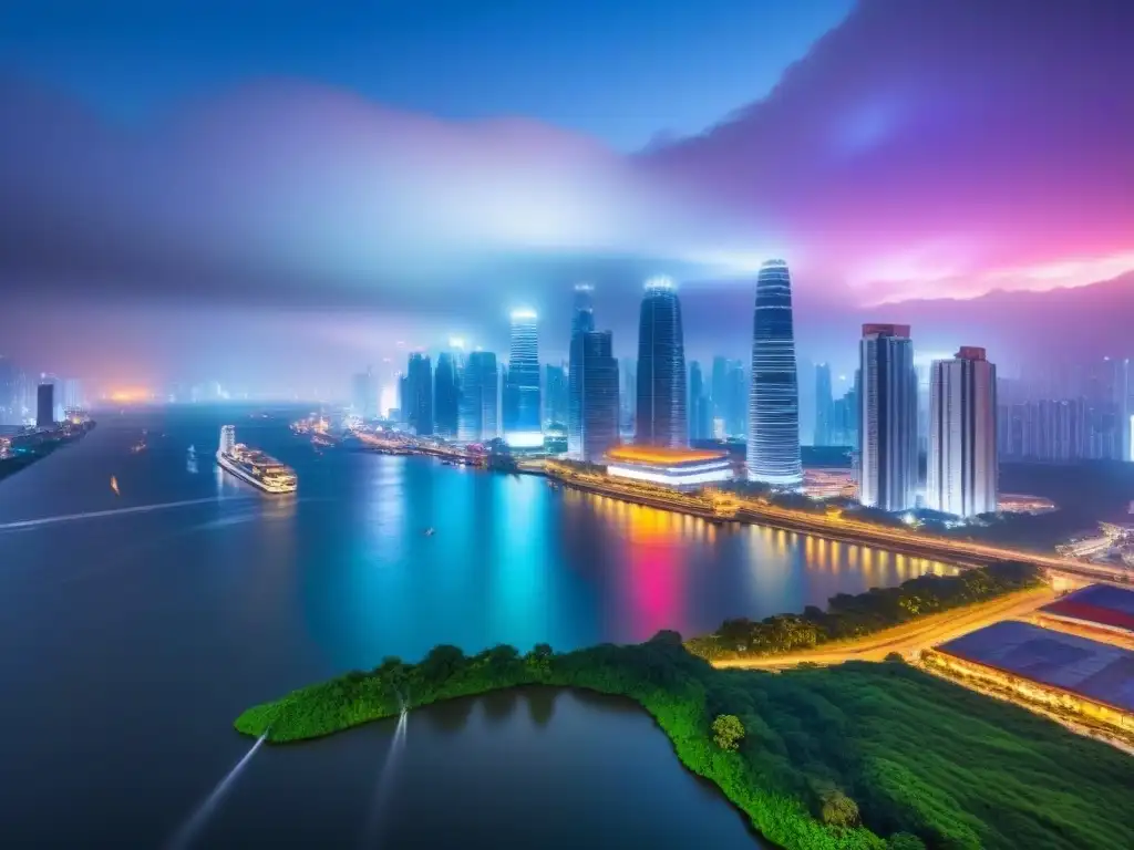 Horizonte nocturno: modernidad y oportunidad en la ciudad asiática Vibrante skyline nocturno de una ciudad asiática moderna con rascacielos iluminados por luces coloridas, reflejándose en un río tranquilo