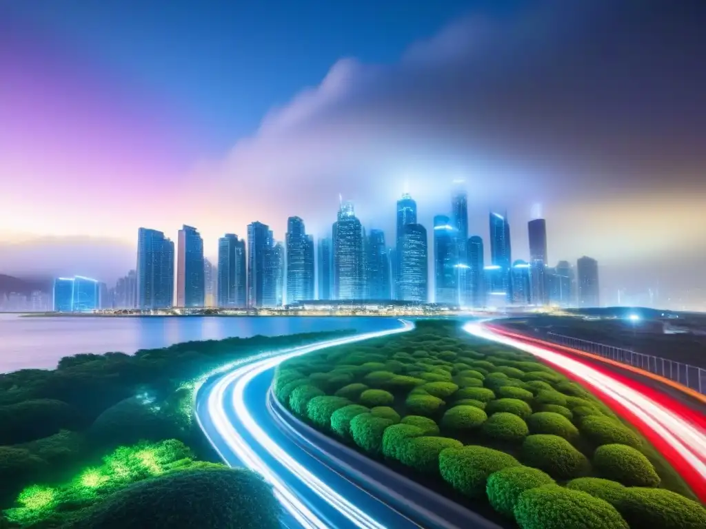 Skyline moderno de la ciudad de noche: vibrante y futurista Vibrante skyline nocturno de ciudad moderna con rascacielos iluminados y bulliciosa calle, representando el sector inmobiliario