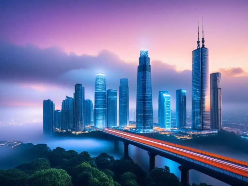 Horizonte urbano futurista al anochecer: real estate powered by AI Vibrante skyline nocturno de una ciudad moderna, símbolo de innovación en análisis predictivo IA inversiones inmobiliarias