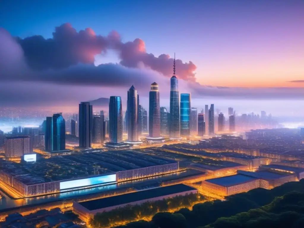Horizonte nocturno futurista: reestructurando con tecnología Vibrante skyline nocturno de una ciudad futurista con rascacielos iluminados, reflejando luces urbanas