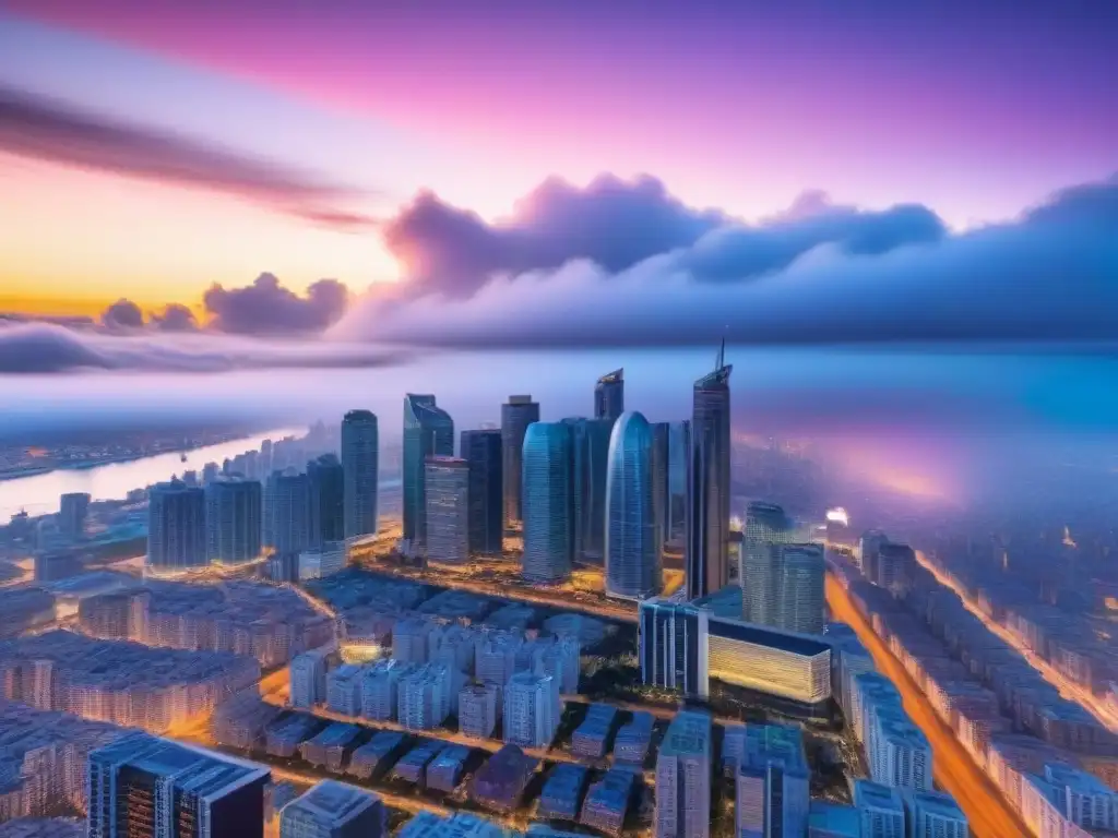Horizonte urbano al atardecer: innovación en crowdfunding inmobiliario Vibrante skyline de rascacielos modernos al atardecer, reflejando luces de la ciudad
