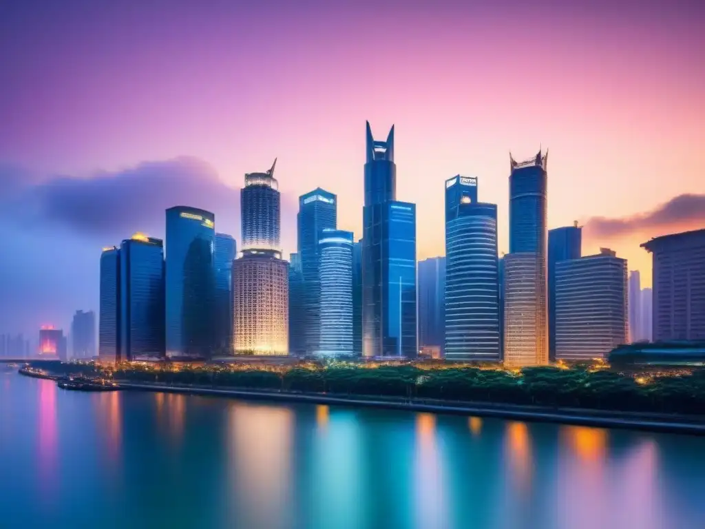 Horizonte urbano asiático vibrante al anochecer Vibrante skyline urbano asiático al anochecer, con rascacielos iluminados y beneficios fiscales financiamiento inmobiliario Asia