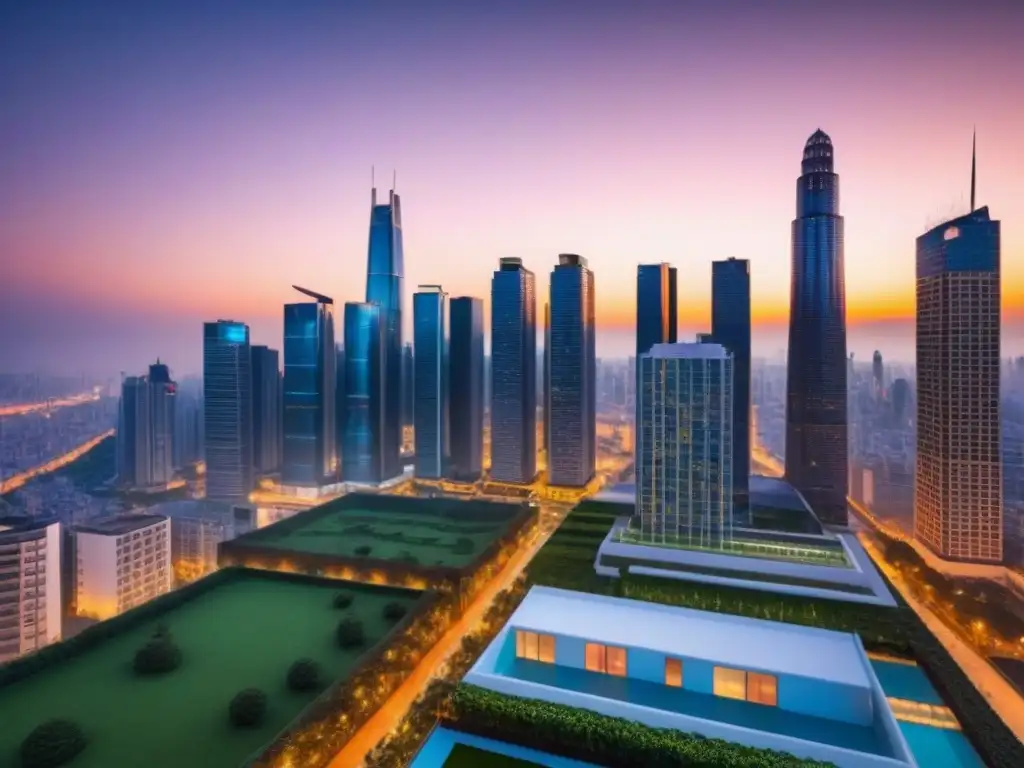 Skyline urbano moderno en atardecer: inversión segura Vibrante skyline urbano al atardecer con rascacielos iluminados y edificios residenciales lujosos