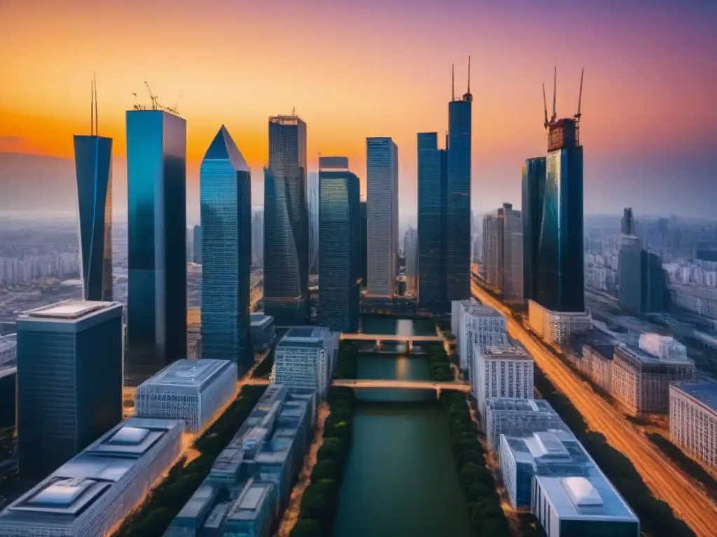 Vibrante ciudad al atardecer: negocio y riesgo en mercados emergentes Un vibrante skyline urbano al atardecer con profesionales y riesgos políticos en mercados inmobiliarios emergentes