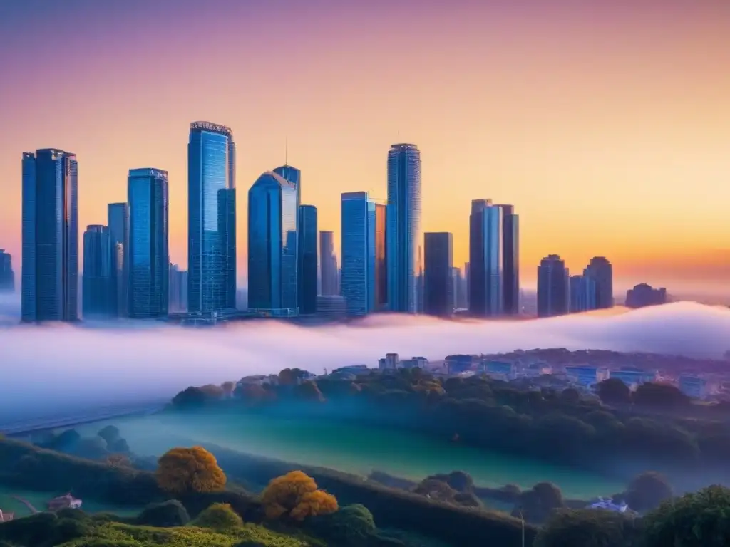 Vibrante skyline urbano al atardecer, contraste entre edificios tradicionales y modernos
