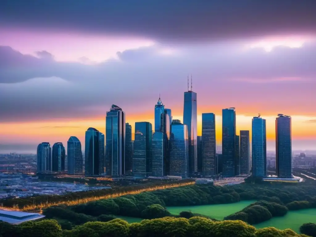 Horizonte urbano moderno al atardecer: ilustración detallada Vibrante skyline urbano al atardecer, con rascacielos iluminados y espacios verdes, reflejando la cobertura completa de seguro de propiedad en la ciudad próspera