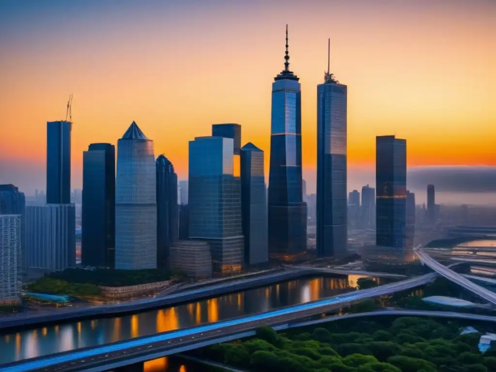 Horizonte urbano al atardecer: símbolo de progreso y prosperidad Vibrante skyline urbano al atardecer, reflejando rascacielos en una zona financiera