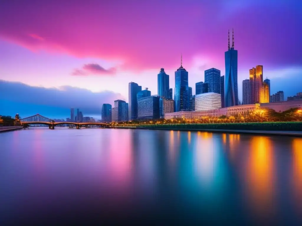 Horizonte urbano al atardecer: luces vibrantes y progreso Vibrante skyline urbano al atardecer con rascacielos iluminados y río calmado