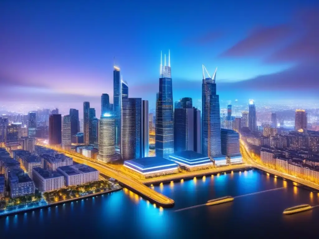 Skyline futurista: innovación y tecnología en la industria inmobiliaria Vibrante skyline urbano al atardecer con profesionales y tecnología Blockchain