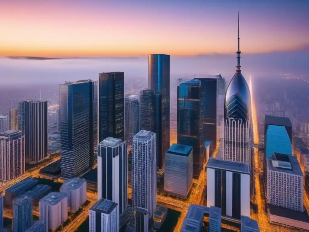 Horizonte urbano vibrante: inversión inmobiliaria postcrisis Vibrante skyline urbano al atardecer con profesionales discutiendo estrategias inversión inmobiliaria postcrisis