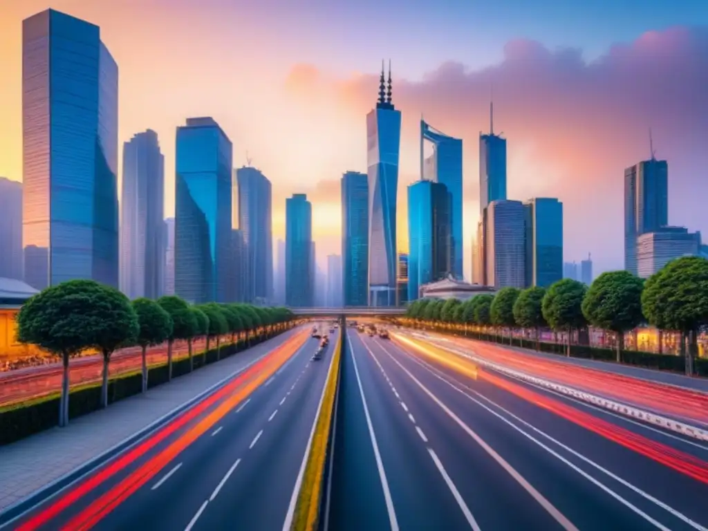 Horizonte urbano moderno al atardecer: mercado inmobiliario en evolución Vibrante skyline urbano al atardecer con rascacielos de cristal reflejando tonos cálidos, calles llenas de gente y autos