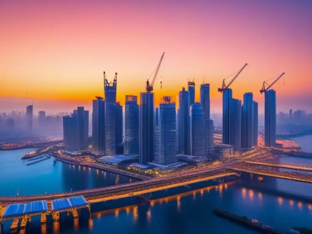 Horizonte urbano: crecimiento económico en bienes raíces Vibrante skyline urbano al atardecer, simbolizando crecimiento en proyectos inmobiliarios
