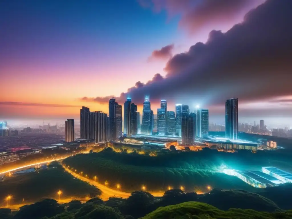Vibrante ciudad al anochecer: inversiones inmobiliarias rentables Vibrante skyline urbano al anochecer, con edificios modernos iluminados