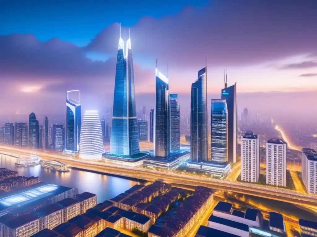 Cityscape futurista: Inversión inmobiliaria a largo plazo Vibrante skyline urbano futurista, ideal para la planificación portafolio propiedades inversión
