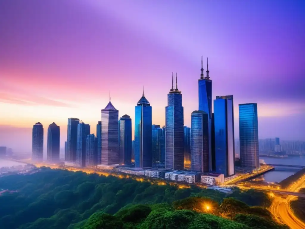 Skyline urbano al atardecer: impacto de la economía compartida en bienes raíces Vibrante skyline urbano al anochecer, reflejando el impacto del financiamiento inmobiliario en economía compartida