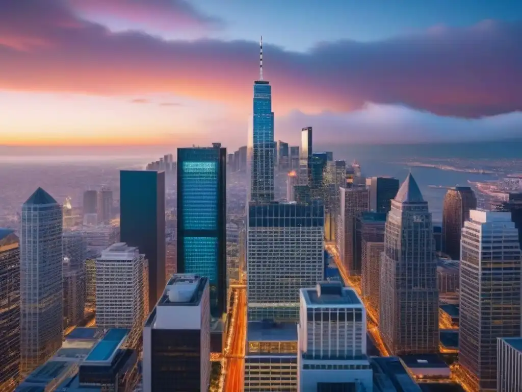 Skyline urbano al anochecer: inversión inmobiliaria en auge Vibrante skyline urbano al anochecer con inversores en reuniones, ideal para la guía inversores REITs comerciales