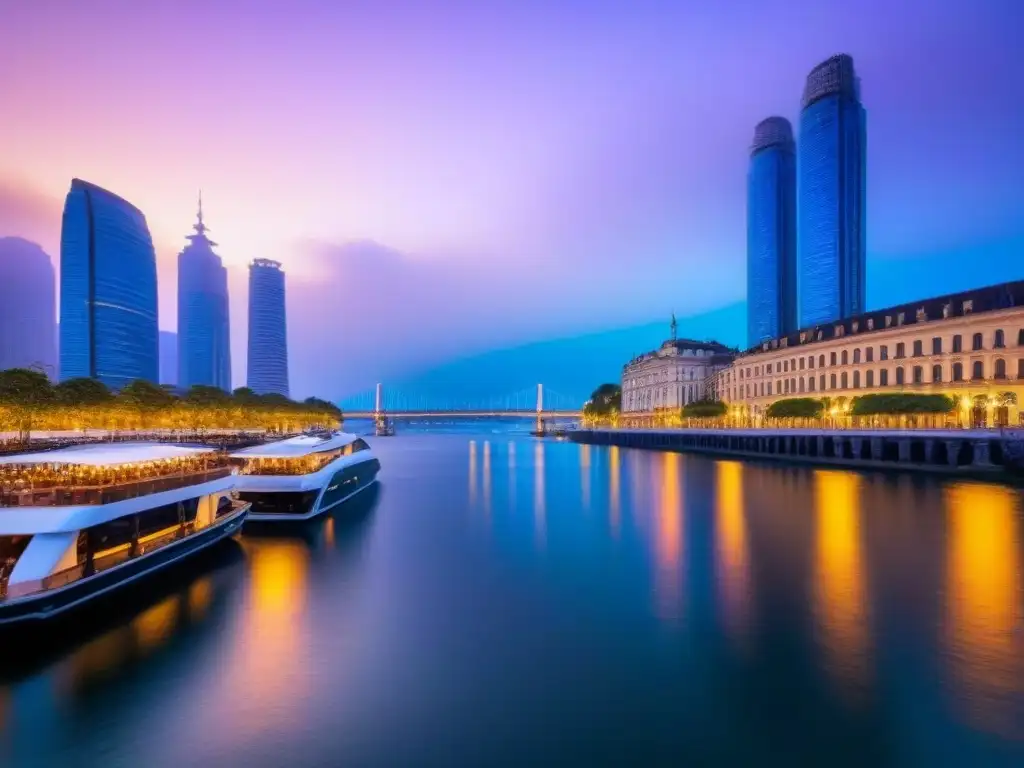 Horizonte urbano futurista al anochecer con río iluminado Vibrante skyline urbano al anochecer con luces coloridas y un río tranquilo
