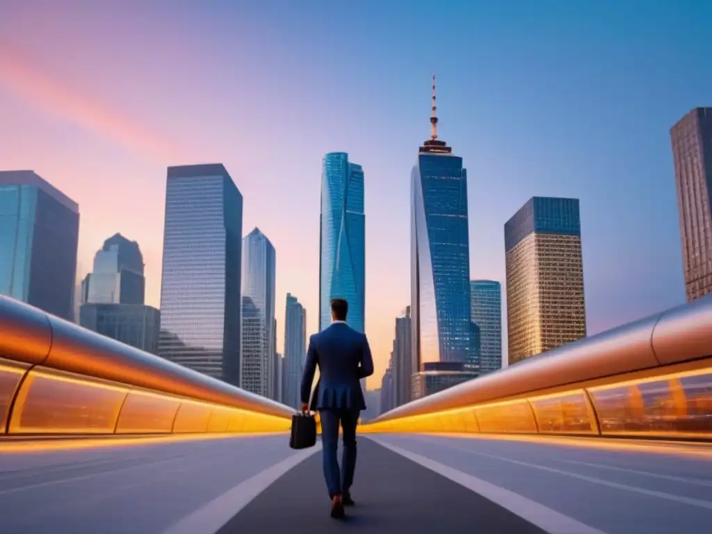 Horizonte urbano moderno en 8k: luces y ambición Vibrante skyline urbano al anochecer con profesionales y edificios iluminados desde dentro