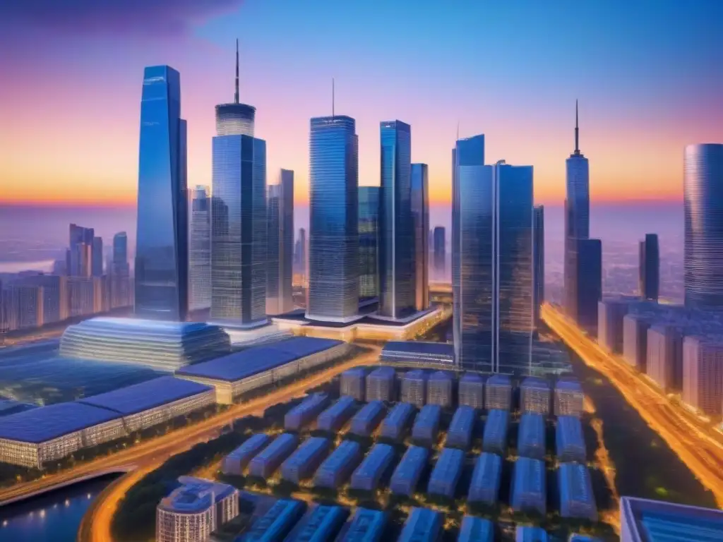 Skyline urbano futurista: profesionales colaborando en el crecimiento inmobiliario Un vibrante skyline urbano al anochecer, con rascacielos iluminados y profesionales planeando financiamiento para proyectos inmobiliarios colosales