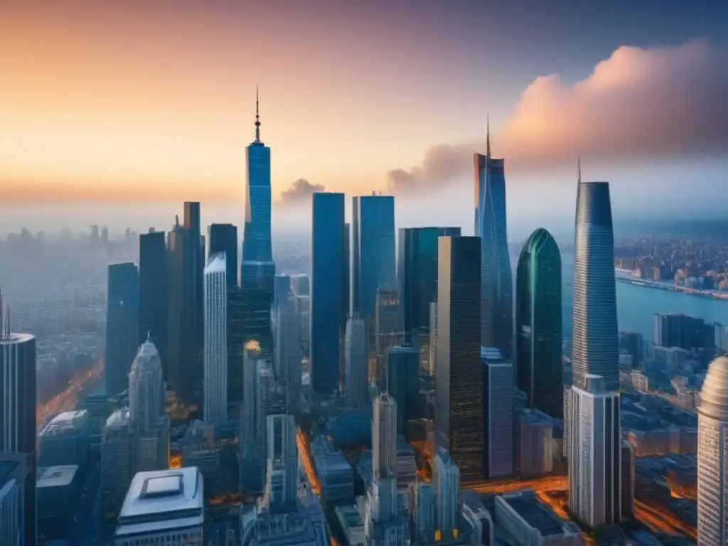Horizonte urbano: mercado inmobiliario en evolución Vibrante skyline urbano: rascacielos modernos junto a edificios históricos, profesionales discutiendo