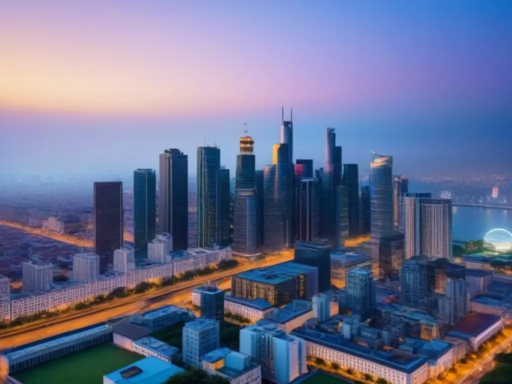 Espectacular skyline urbano al anochecer en 8k Vibrante skyline urbano al anochecer con rascacielos iluminados, simbolizando el crecimiento del financiamiento inmobiliario postguerra global