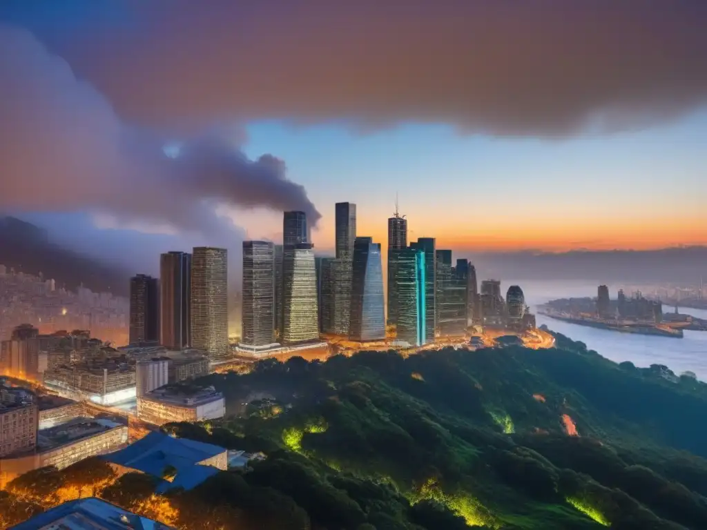 Horizonte urbano vibrante al atardecer: mercado inmobiliario en auge Vibrante skyline urbano al anochecer, con rascacielos iluminados, reflejo de una inversión inmobiliaria normativa local próspera