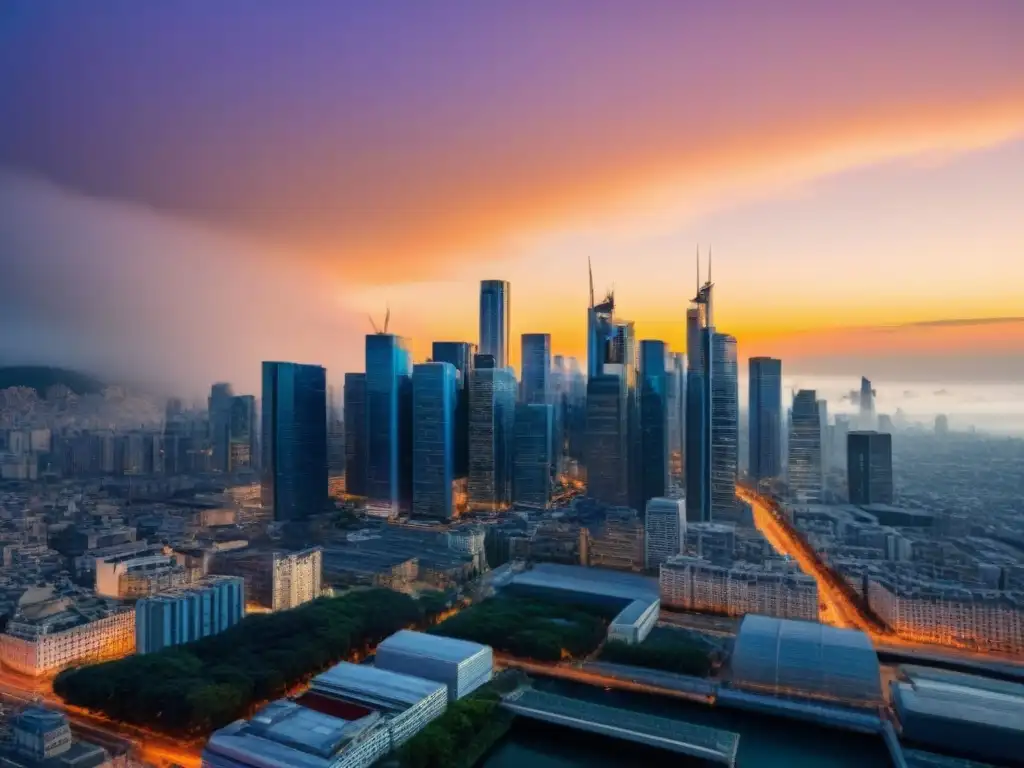 Horizonte urbano moderno al anochecer: mercado inmobiliario próspero Vibrante skyline urbano al anochecer, con rascacielos iluminados y calles bulliciosas, ideal para inversiones inmobiliarias