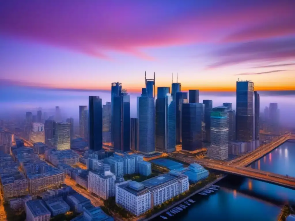 Horizonte urbano moderno al atardecer: mercado inmobiliario próspero Vibrante skyline urbano al anochecer, reflejo de un próspero mercado inmobiliario beneficiado por una política monetaria expansiva