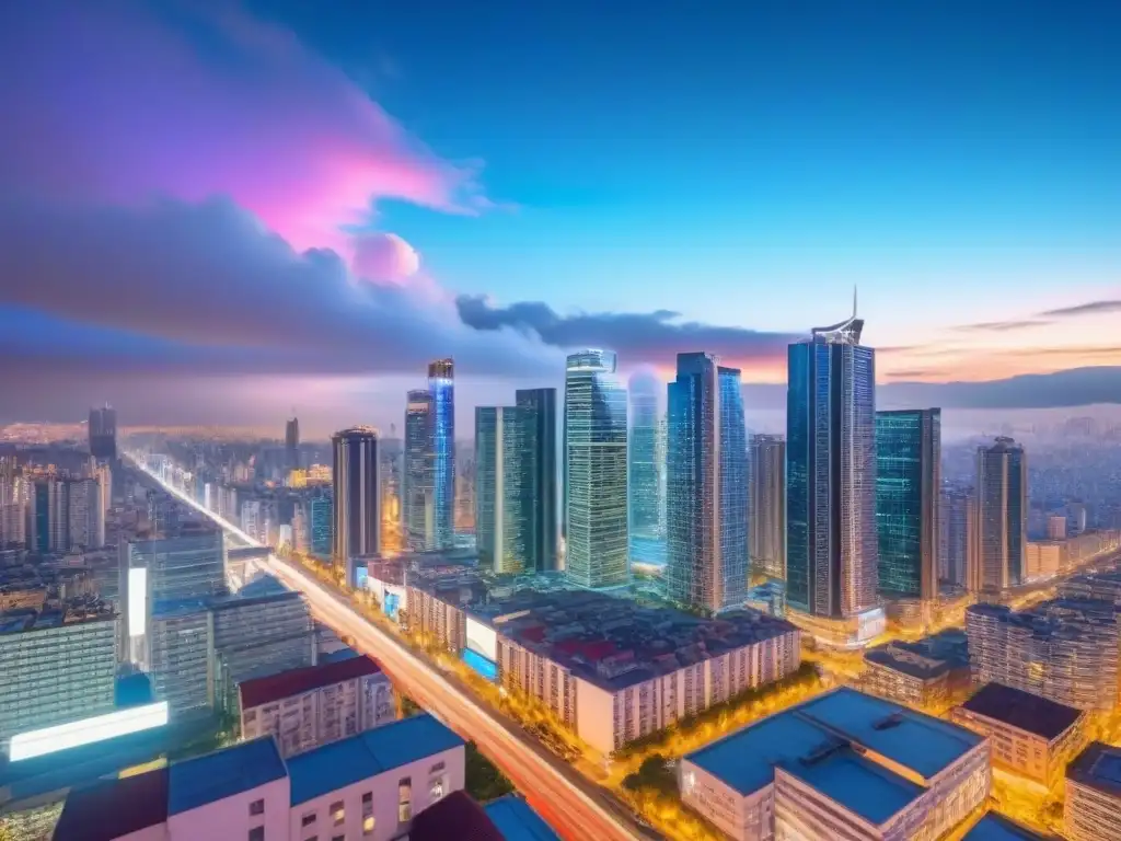 Horizonte urbano futurista: inversión inmobiliaria diversa Vibrante skyline urbano al anochecer, reflejando tendencias demográficas en inversión inmobiliaria