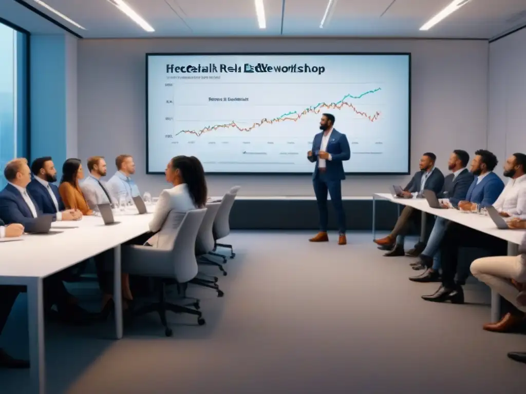 Emprendedores enfocados en dinámico taller de financiamiento inmobiliario Un vibrante taller de financiamiento inmobiliario para emprendedores en un aula moderna y dinámica