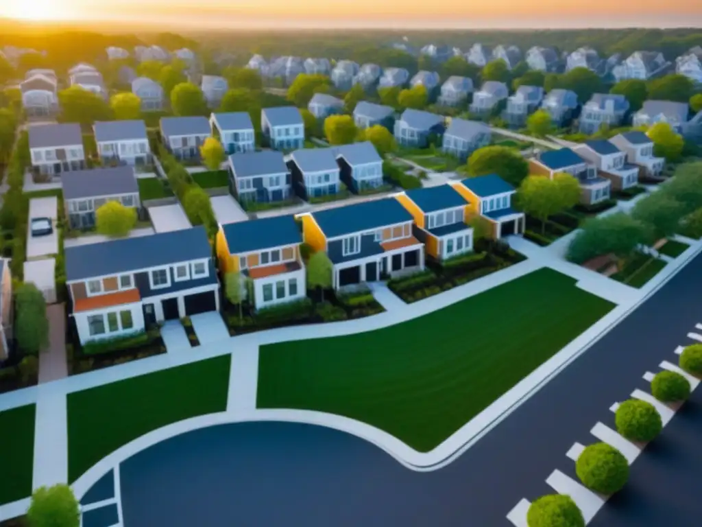 Vecindario diverso: arquitectura moderna y jardines en la azotea Un vibrante vecindario suburbano con diversidad arquitectónica y jardines en azoteas, reflejando inclusión y empoderamiento