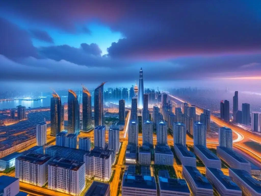 Horizonte futurista en 8k: metrópolis innovadora al anochecer Vibrante vista de la ciudad futurista al anochecer, realzando el potencial de inversiones inmobiliarias en 2023