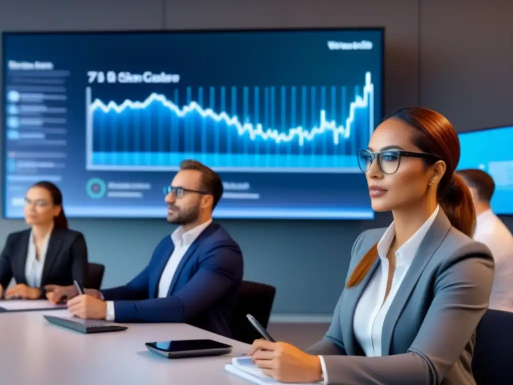 Webinar financiero: debate dinámico de profesionales en sala futurista Un vibrante webinar de financiamiento inmobiliario con profesionales diversos en una sala moderna, rodeados de tecnología futurista