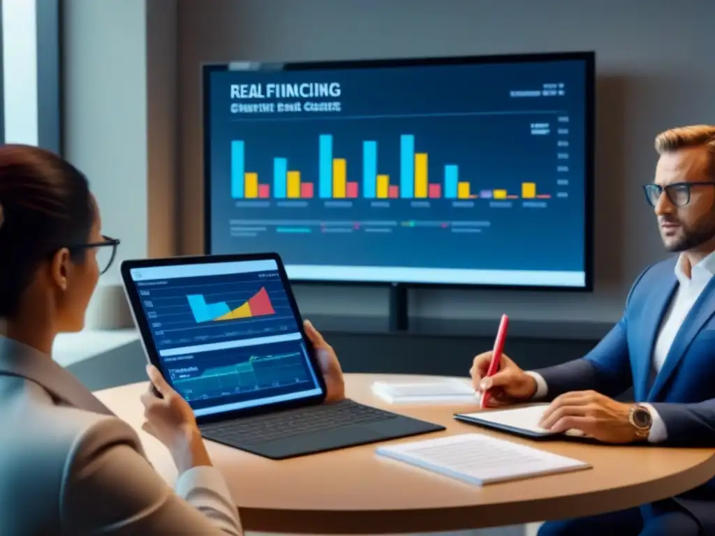 Webinar financiero: Profesionales en acción Un vibrante webinar financiamiento préstamos inmobiliarios con profesionales diversos, gráficos financieros en tablet
