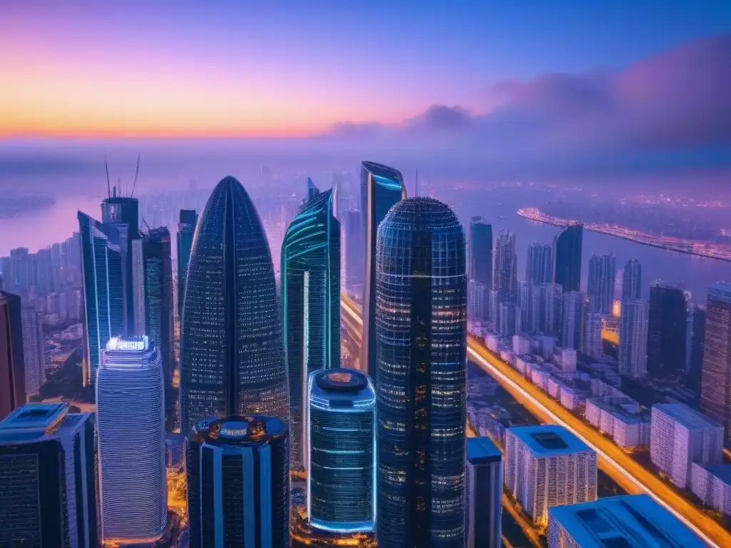 Innovación en análisis de crédito inmobiliario con IA Vibrantes luces neón iluminan futurista ciudad al anochecer, con IA procesando datos: análisis de crédito inmobiliario con inteligencia artificial
