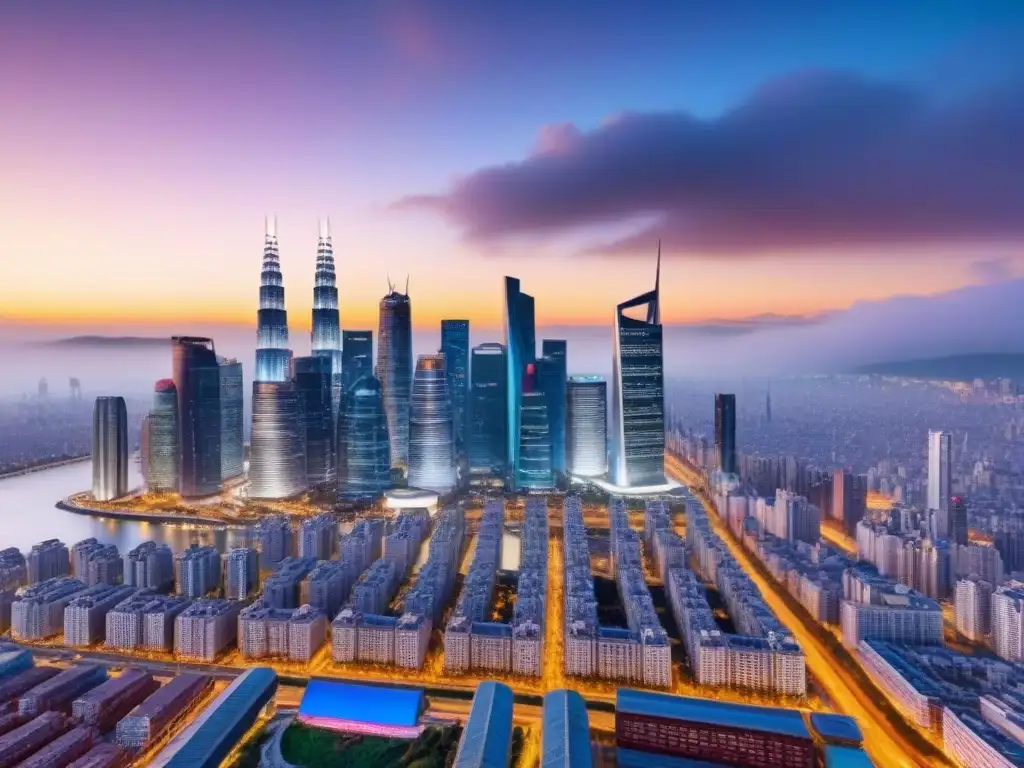 Skylines internacionales al atardecer: impacto global de políticas urbanas Vibrantes skylines internacionales al atardecer reflejan la influencia global de políticas gubernamentales en mercados inmobiliarios internacionales