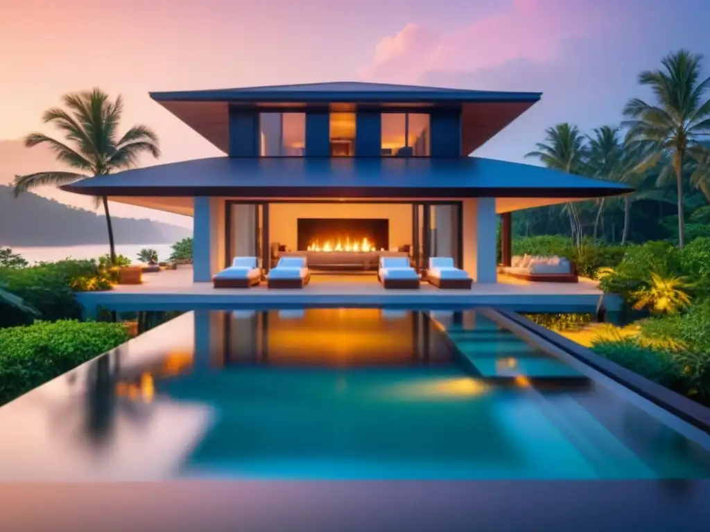Villa de lujo frente al mar con piscina infinita y atardecer dorado Villa de lujo frente a la playa con piscina infinita, rodeada de vegetación tropical, reflejando la serenidad y lujo de propiedades vacacionales