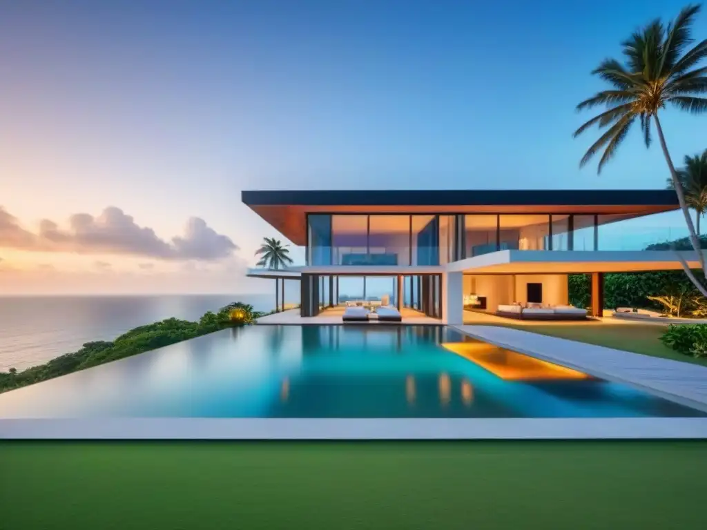Villa de lujo en la playa con vistas panorámicas al mar Villa de lujo frente al mar con diseño arquitectónico moderno, jardín tropical y piscina infinita privada