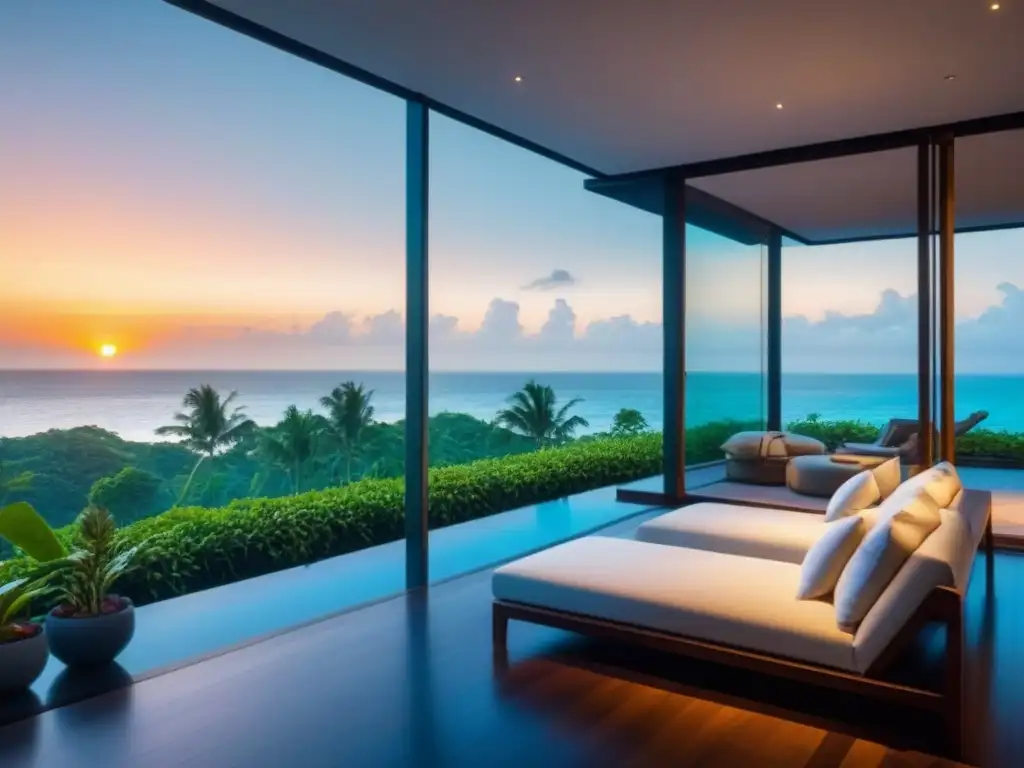 Villa de lujo frente al mar con atardecer espectacular y diseño sofisticado Villa de lujo frente al mar con atardecer, diseño elegante y exuberante vegetación