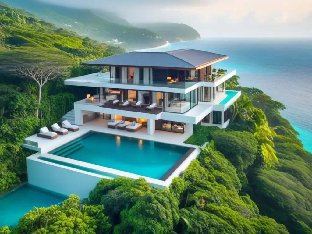 Villa de lujo frente al mar: paraísos turquesas y exclusividad Villa de lujo frente al mar con piscina infinita, rodeada de naturaleza exuberante
