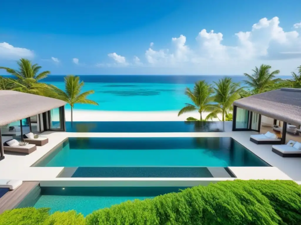 Villa de lujo con piscina infinita frente al mar Villa de lujo frente al mar con piscina infinita, rodeada de palmeras y jardines, ideal para propiedades vacacionales
