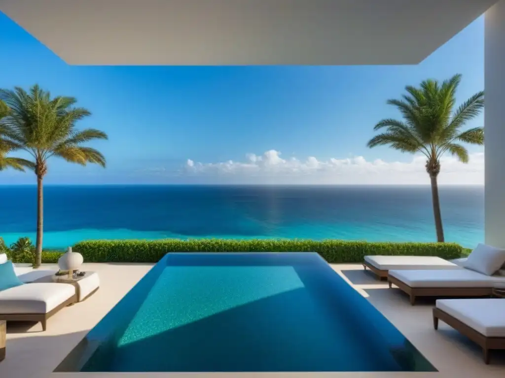 Villa de lujo frente al mar con piscina infinita y vista panorámica Villa de lujo frente al mar con vista impresionante, patio elegantemente amueblado y piscina infinita, rodeada de palmeras bajo cielo azul